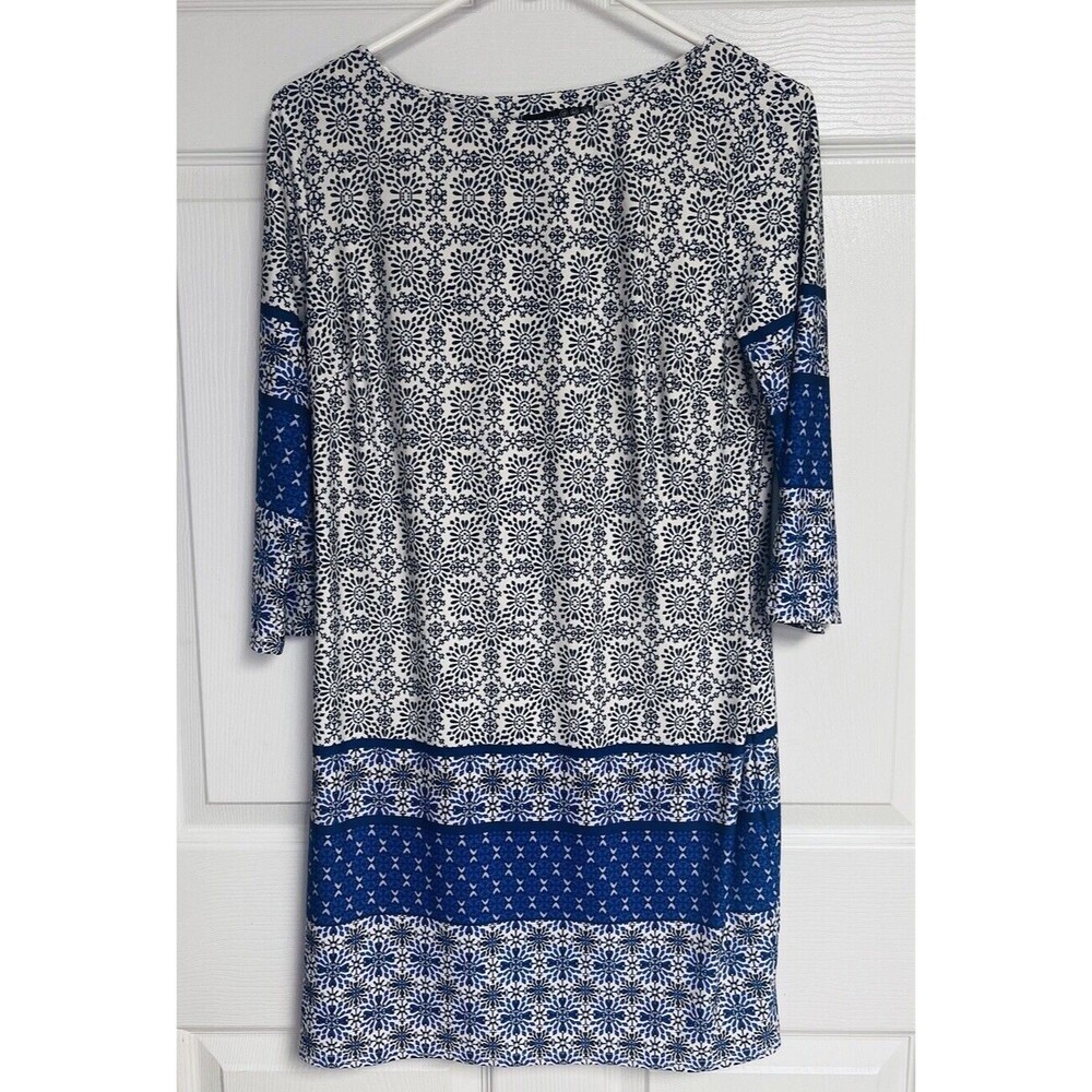Atmosphere 3/4 Sleeve Blue White Printed Stretch Sheath Dress Sz 12 Career
